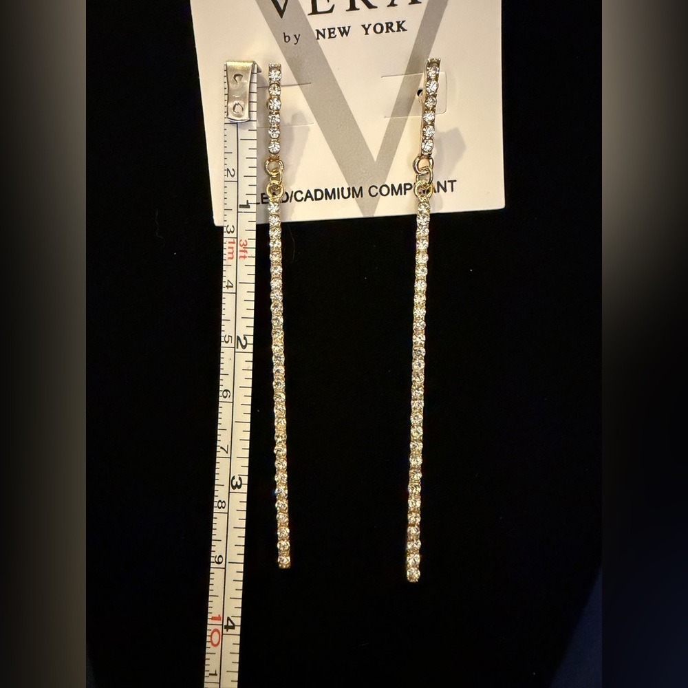 Vera New York Goldtone and rhinestone Long dangle post Earrings - Picture 6 of 6